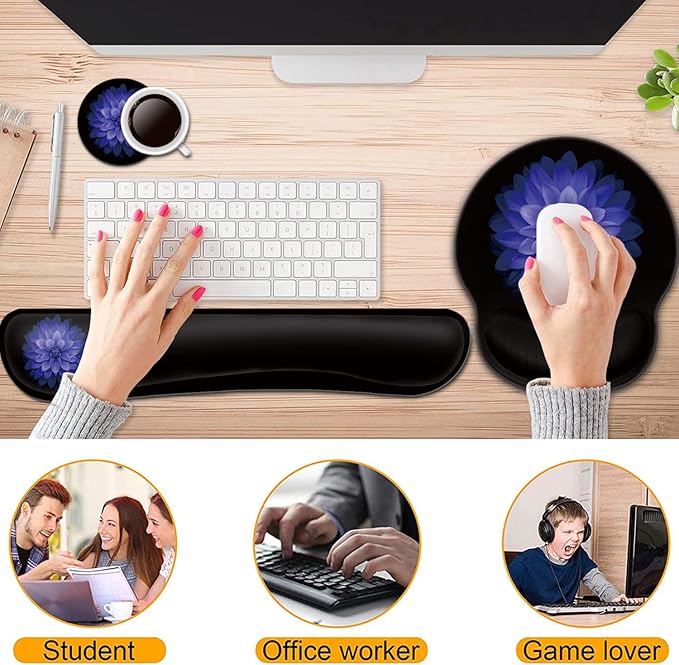 Keyboard Wrist Rest and Mouse Pad with Wrist Support Ergonomic Gel Mouse Pad Coaster Comfortable Lightweight for Easy Typing Pain Relief Memory Foam Keyboard Mousepad SetPurple Flowers