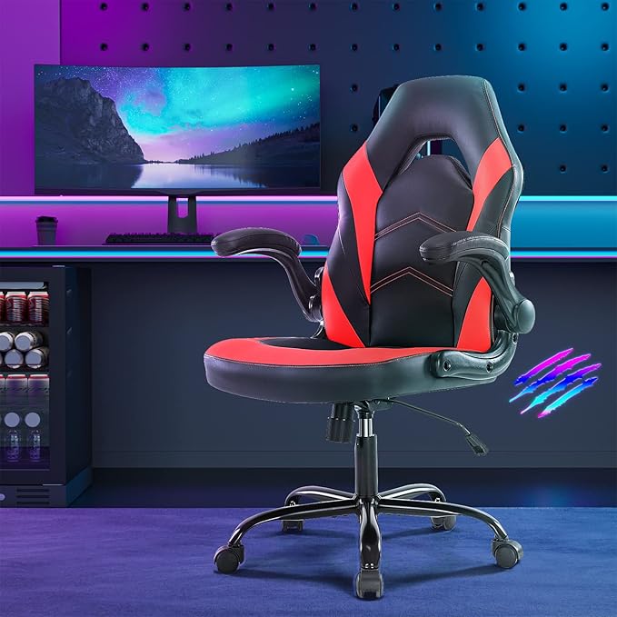 Yapamar Gaming ChairPU Leather Ergonomic Office Chair Swivel Computer Gaming Chair with Lumbar Support - Red