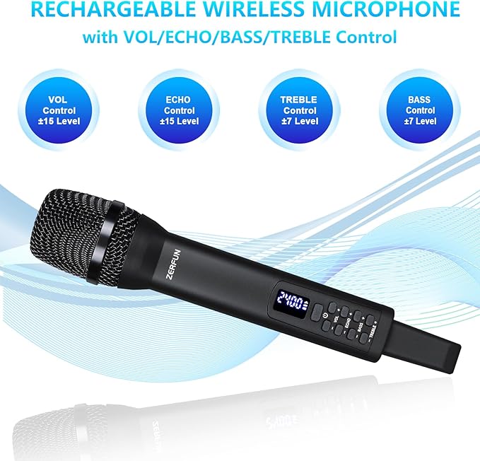Rechargeable Wireless Microphone Pro Handheld Cordless Mic System with Echo Treble BASS VOL Control for Karaoke Singing Church Party 1/4'' Output Black
