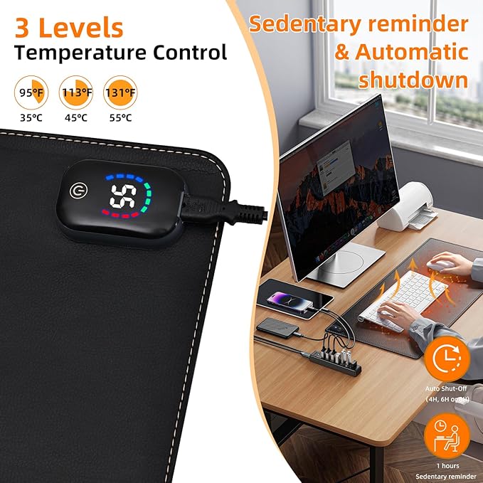 Heated Mouse PadWarm Desk Pad with 3 Levels Heating &amp Timed Auto Shut-OffPU Leather Heated Desk Pad Foot Warmer Pad for Home Office -31.5 x 13 Inch Black