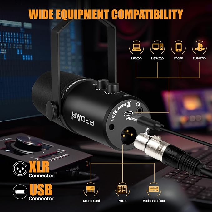 XLR/USB Dynamic MicrophonePC Computer Microphone for PodcastingVocal RecordingLive StreamingGamingVoice-OverAll Metal Professional Studio Mic Kit with Noise CancellingUSB-C Port