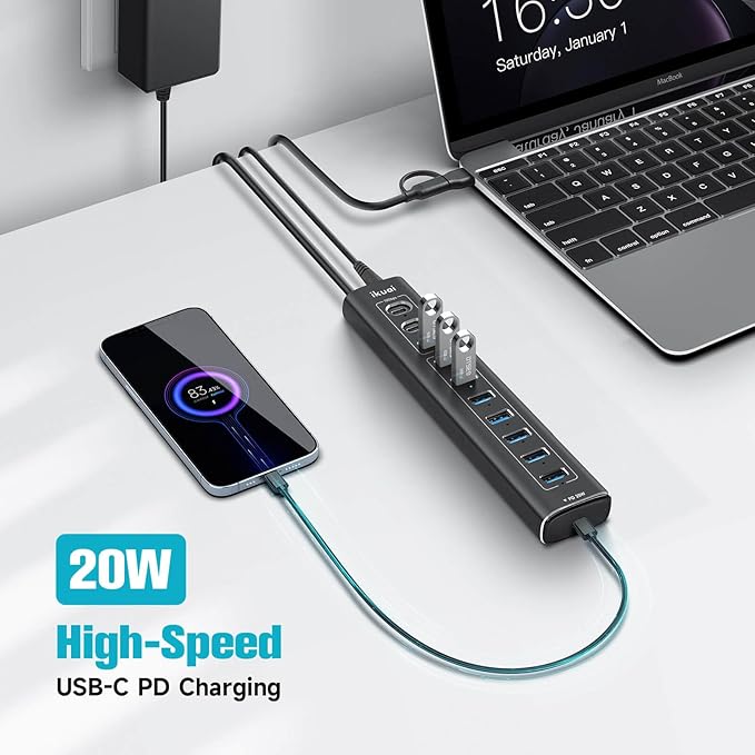 Powered USB Hub 11-Port ikuai Hybrid USB 3.2/ USB C Hub with PD Charging Port and 60W Power Adapter Aluminum USB Splitter Including 3 10Gbps Ports and 7 USB 3.0 Ports for PC Laptop and More