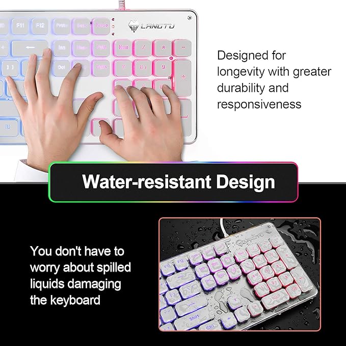 LANGTU Membrane Gaming Keyboard Rainbow LED Backlit Quiet Keyboard for Office USB Wired All-Metal Panel 25 Keys Anti-ghosting Computer Keyboard 104 Keys - L1 White/Silver