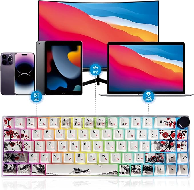 MOLGRIA GK68 68-Key RGB Backlit Gaming Keyboard with Plum Blossom Keycaps Hot Swappable Red Mechinery Switches Triple Mode Connection with Knob Mechanical Keyboard for Win/Mac OS