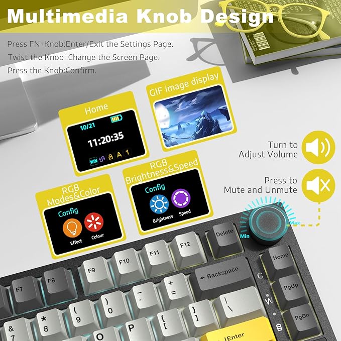 ATTACK SHARK Ajazz AK820 Pro Mechanical Keyboard with Knob&ampTFT DisplayBluetooth 5.1/2.4G Wireless/Type-C Wired 75% Percent Keyboard5-Layer Sound Absorbing FoamsSouth RGB (Grey Flying Fish Swit