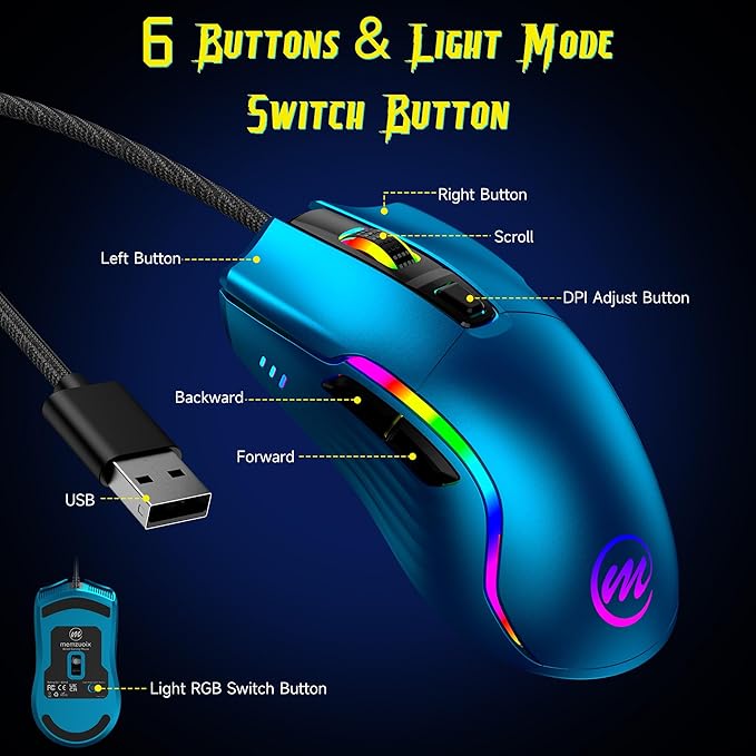 memzuoix Wired Gaming Mouse with RGB - 6 Adjustable DPI up to 12800 6 Buttons 12 Lighting Modes Ergonomic Design with Anti-Slip Rubber Wheel 5.6ft Braided Cable for PC/Mac/Windows - Blue