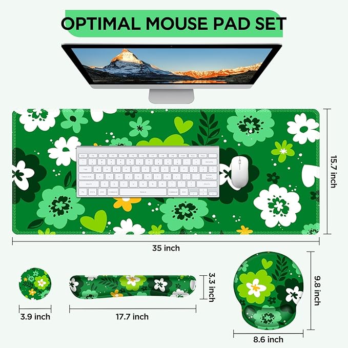 AIMSA Keyboard Mouse Pad Wrist Rest Set Large Gaming Mouse Desk Pad with Wrist Support Ergonomic Design 4 in 1 Mousepad for Home Office Green Flowers
