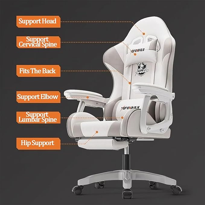 JSWHYBD Ergonomic Office Chair with Footrest Video Gaming Chairs for Adults 400lb High Back Reclining Computer Chair Big and Tall Pu Leather Adjustable Chair Havefootrest White