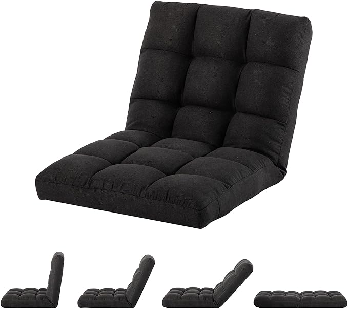 Folding Floor Chair with Back Support Adjust Lay Flat Recliner Oversized Lounge Wide Lazy Boy Gaming Ergonomic Single Sofa Seat for Living Room Bedroom(Black)