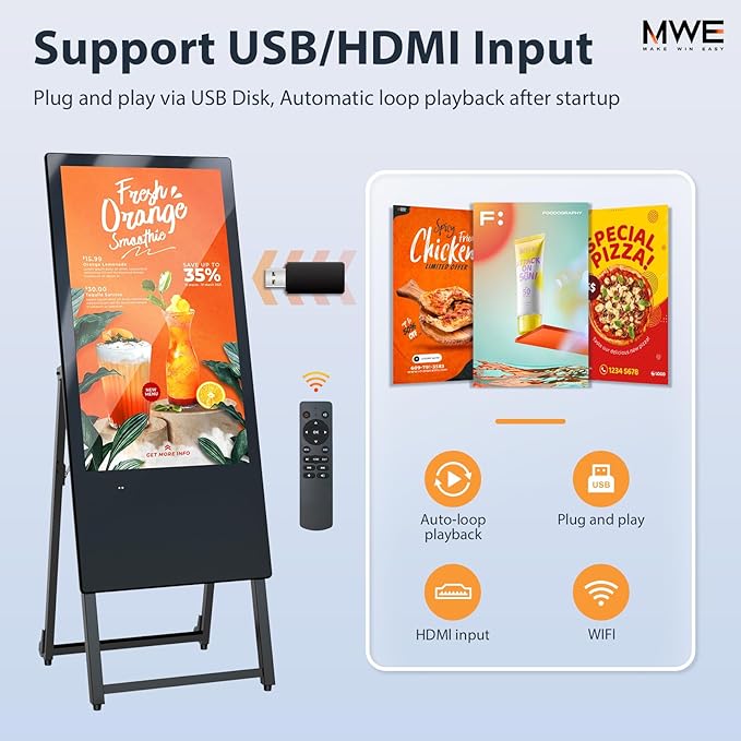 MWE 32 Inch Digital Signage Display Portable LCD Digital Kiosk Advertising Display Poster Android Kiosk with Auto Media Player HDMI/USB