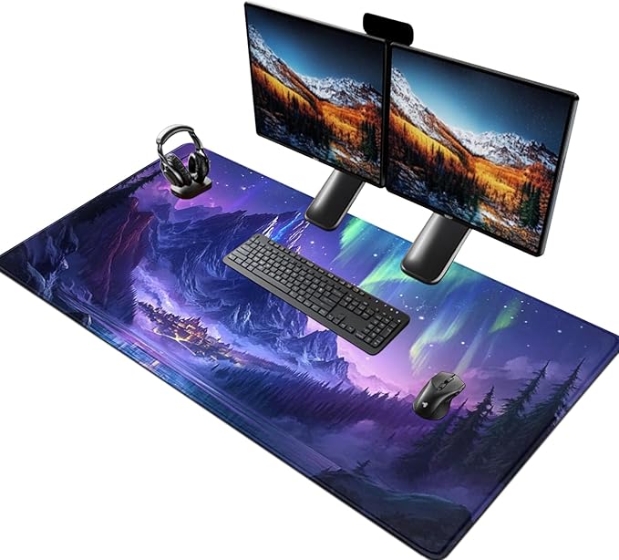 Extended Mouse Pad Large Gaming Mouse Pads - Aurora Painting Northern Lights Mountains Stars Desk Pad Computer Desk Mat Non-Slip Mousepad for Game Players Office Study (48 x 24)