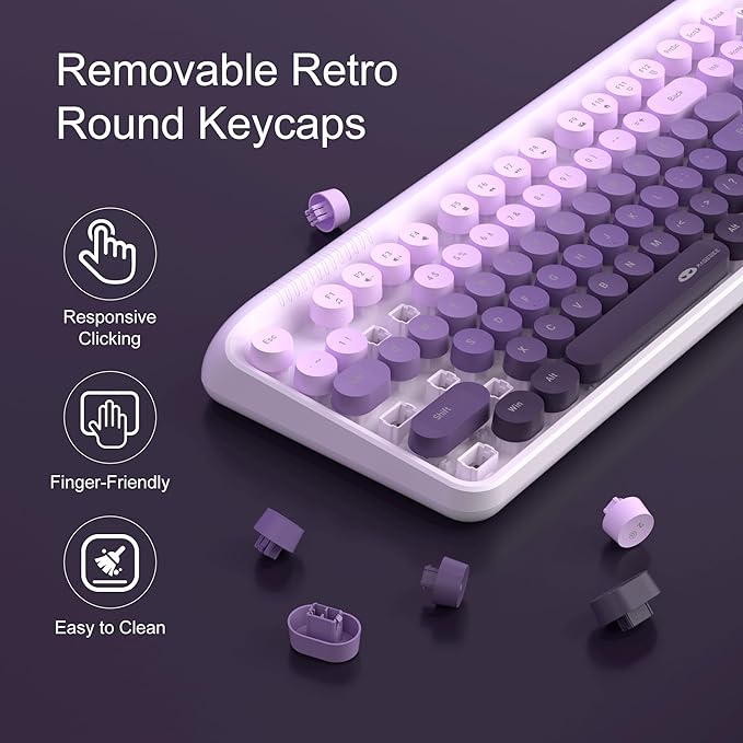 MageGee V920 Wireless Keyboard and Mouse Combo 2.4G Full-Sized Retro Typewriter Keyboard with Round Keycaps &amp Auto-Sleep Mode Cute Computer Keyboard and Cordless Optical Mouse for Laptop/PC (Pur