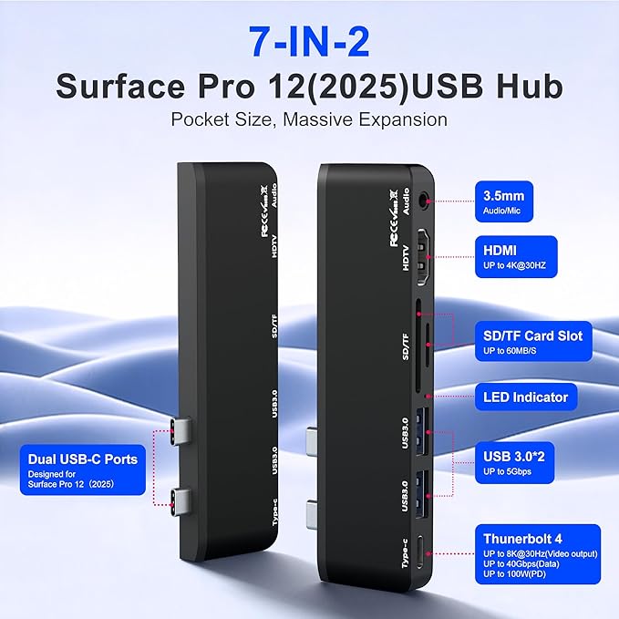 Surface Pro 12 Docking Station USB Hub and Adapter with 4K HDMI USB-C Thunderbolt 4 (Display+Data+100W PD) 2 USB 3.0 3.5mm Audio SD/TF Card Slot for Surface Pro 12 inch 2025