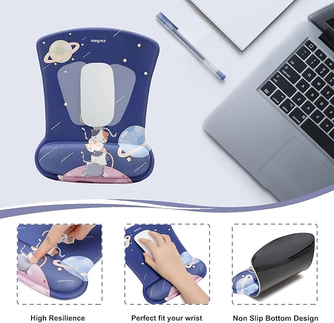 MEGREZ 4-in-1 Ergonomic Memory Foam Wrist Rest Set Desk Pad Mouse Pad with Wrist Rest Keyboard Pad Suitable for Office Workers Programmers &amp Gamers–Relieve Typing &amp Gaming Fatigue Cat Pl