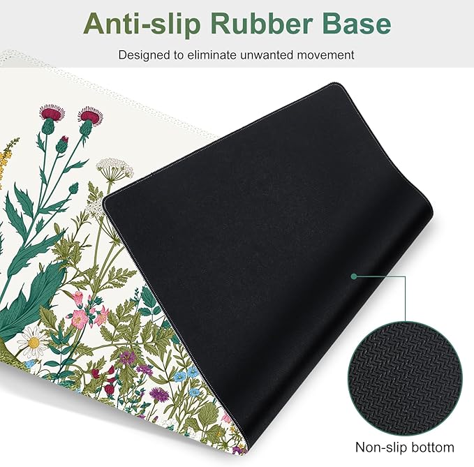 Desk Mat Pad Gaming Mouse Pad Wrist Support Set 4 in1 Non-Slip XXL Large Mousepad + Ergonomic Keyboard Wrist Rest+Mouse Wrist Rest+Coaster for Home Office Computer I Vintage Wildflower Garden