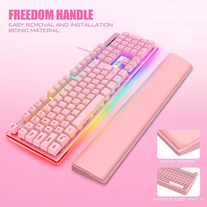 RedThunder K10 Wired Gaming Keyboard and Mouse and Wrist Rest Combo RGB Backlit Mechanical Feel Anti-ghosting Keyboard + 7D 7200 DPI Mice+Soft Leather Wrist Rest 3 in 1 PC Gamer Accessories(Pink)