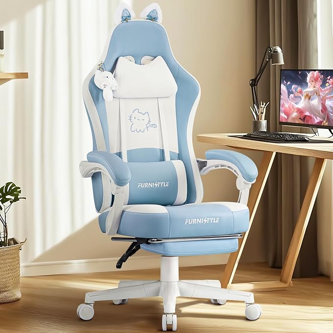 Gaming Chairs Comfy Video Game Chair for Adults with Cat Ears Pocket Spring Cushion Massage Lumbar Support &amp Headrest Ringing Accessories Cute Leather Ergonomic Computer Chair for Girls Blue/Wh
