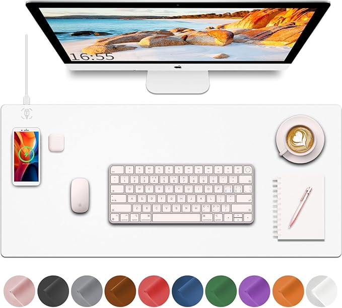 Desk Mat with Wireless Charging White Mouse Pad with Wireless Charger Desk Pad Matt for Desktop Mousepad Gaming Large Mouse Pad Leather Compute for Keyboard and Mouse 32 x 16