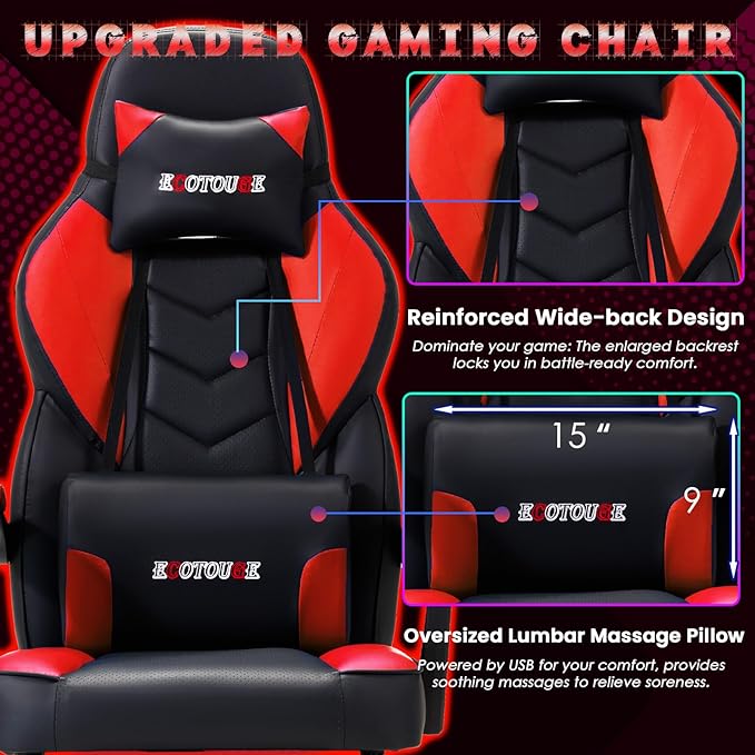 ECOTOUGE Massage Gaming Chair Big and Tall Gaming Chair with Lumbar Support &amp Footrest Ergonomic Gamer Chair with Reclining High Back 360° Swivel Gaming Computer Chair Red