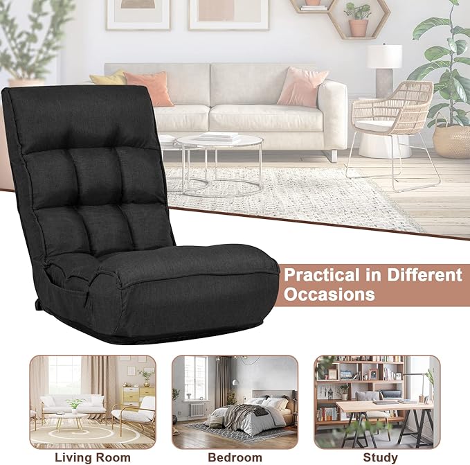 MAT EXPERT Folding Floor Chair Floor Gaming Chair w/ 4-Position Backrest 5-Position Adjustable Headrest Side Pocket Indoor Floor Chair w/Back Support for Bedroom Living Room (Black)
