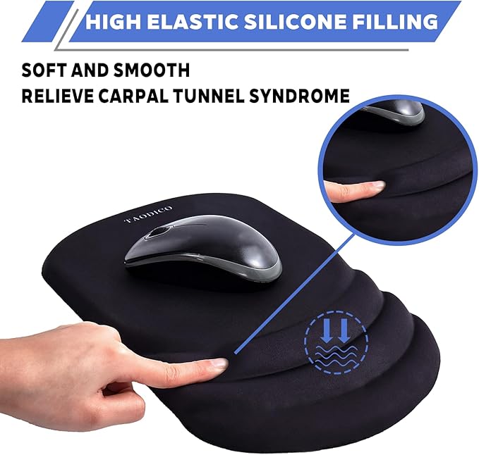Ergonomic Mouse Pad with Wrist Rest Milk Silk Fabric Durable Silicone Filling Non-Slip Pu Base Massage Design Pain Relief Mousepad for Wireless Mouse and Desk 12x8inch Black