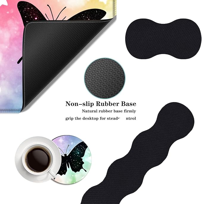 Mouse PadLarge Desk Mat Set 4in1 XL Mousepad + Keyboard Wrist Rest+Mouse Wrist Rest+Coaster with Ergonomic Desk Pad for Home Office Table Computer Cover -Butterfly Silhouettes and Stars