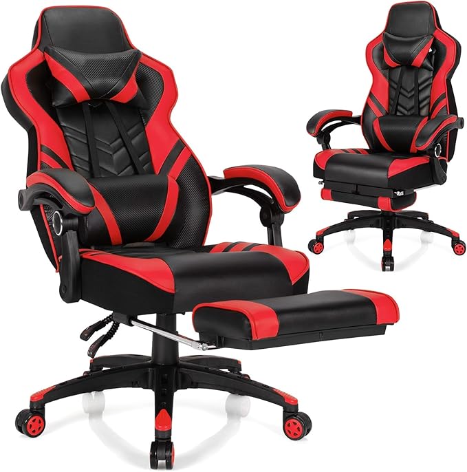Goplus Gaming Chair Computer Chair with Footrest and Lumbar Support Height Adjustable Executive Swivel Rolling Task Chair with 90°-155° Tilt Function (Red)