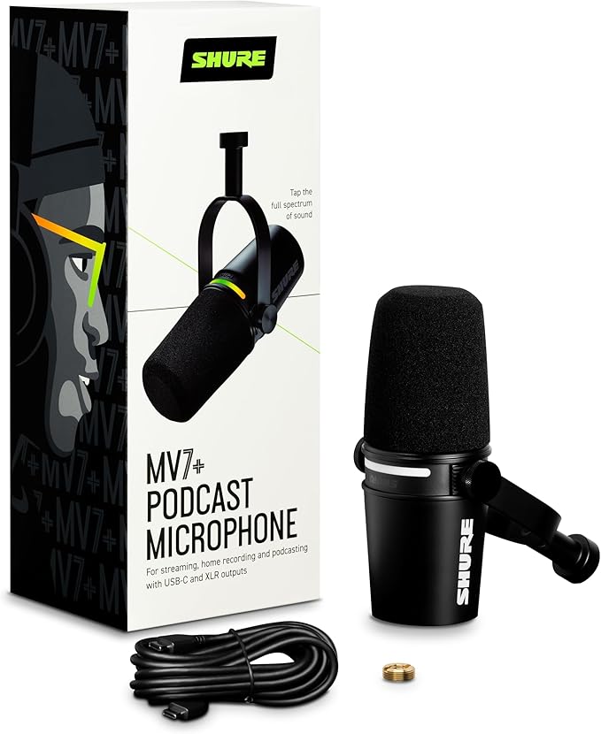 Shure MV7+ Podcast Dynamic Microphone – OBS Certified Enhanced Audio LED Panel USB-C &amp XLR Outputs Auto Level Mode Digital Pop Filter Reverb Effects – for Podcasting Streaming Recording B