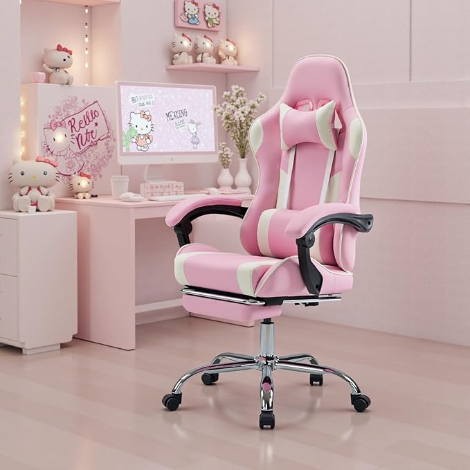 edx Ergonomic Gaming Chair PU Leather Office Computer Chair with Footrest Headrest Linkage Armrests Height Adjustable 360° Swivel Reclining (Pink)