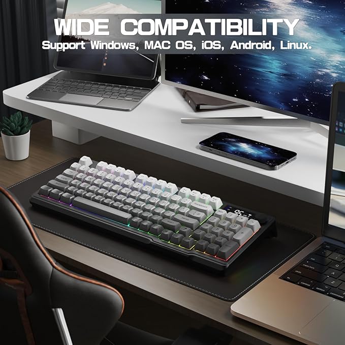 LexonElec M96 Wireless Keyboard Low Profile Quiet Typing Membrane Gaming Keyboard with Smart Display &amp Knob RGB Backlit USB C Rechargeable 94 Keys PBT Keycap for Windows PCMacLinux-Moonlit N