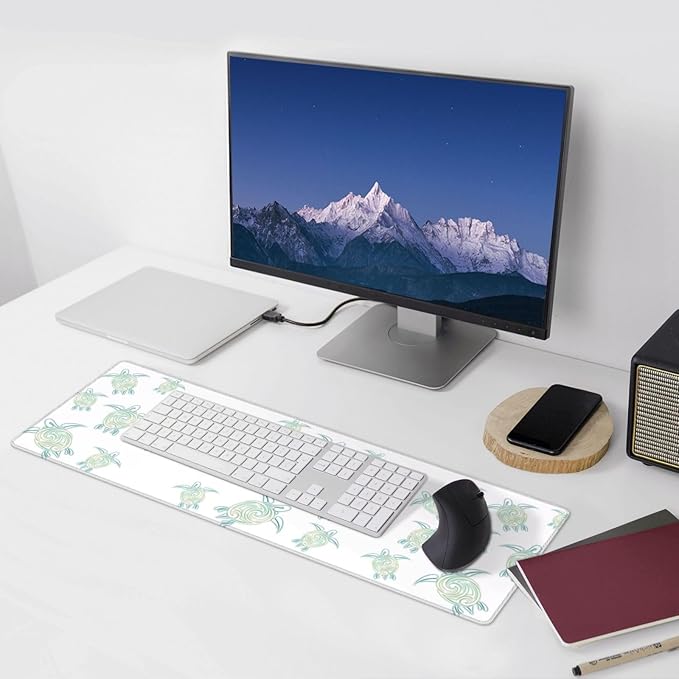 Sea Turtles Pattern White Green Nautical Large Mouse Pad 31.5x12 Inch Gaming Desk Mat XXL Non-Slip Rubber Base Computer Pad with Durable Stitched Edges for Work and Play