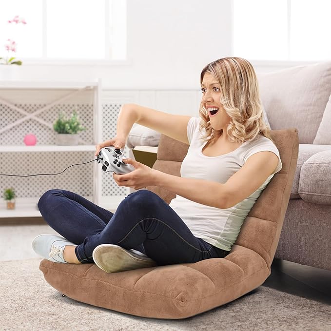 14-Position Lazy Sofa Chair with Soft Coral Fleece Folding Gaming Chair Couch Recliner Floor Seat for Reading Meditating Yoga (Tan)