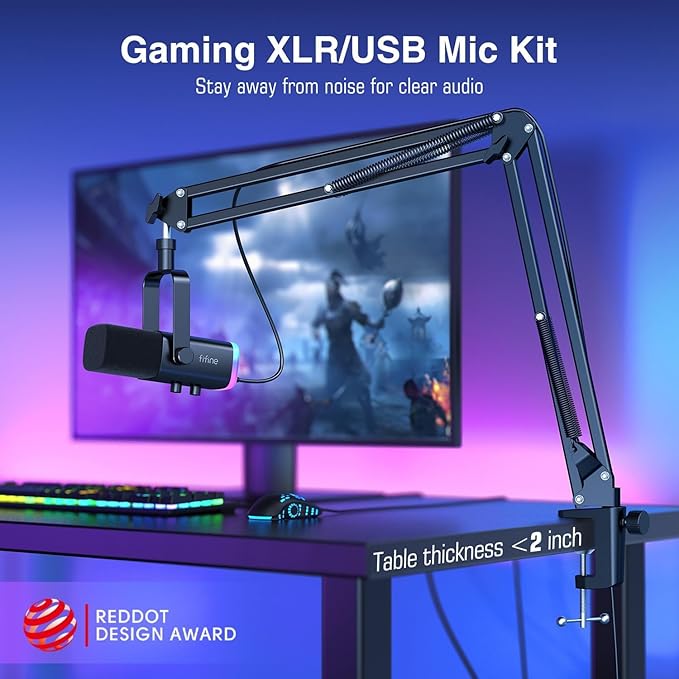 FIFINE Dynamic Gaming Mic and Microphone Arm Stand Kit PC Computer Streaming Mic with RGB Light Mute Button Suspension Scissor Boom Stand Bundle for Recording Podcast Voice-Over (AM8+CS1)