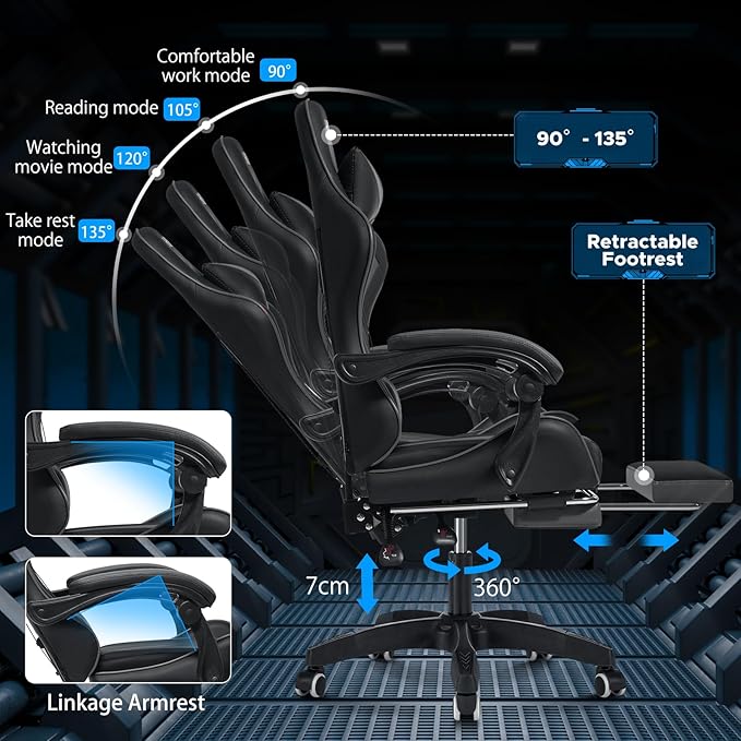 HOFFREE Massage Gaming Chair for Kids Computer Gamer Chair with Footrest and Lumbar Support Reclining PC Game Chair with Headrest for Gaming Room Gray and Black