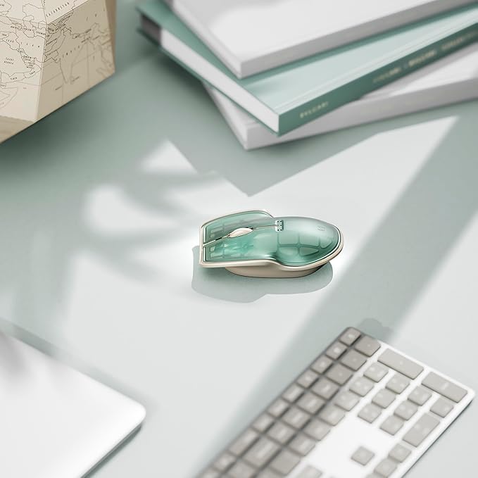 LUNAR ARTEFACTS Ambidextrous Rechargeable Bluetooth Wireless Computer Mouse Green Translucent with White Powder Coated Aluminum USB-C