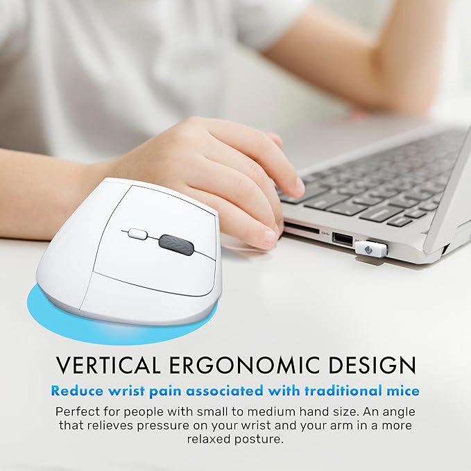 J-Tech Digital Wireless Mouse Vertical Ergonomic Mouse with 2.4G Wireless &amp Bluetooth for 3 Multi-Device Function Adjustable DPI Modes Compatible with PC Mac Laptop - White