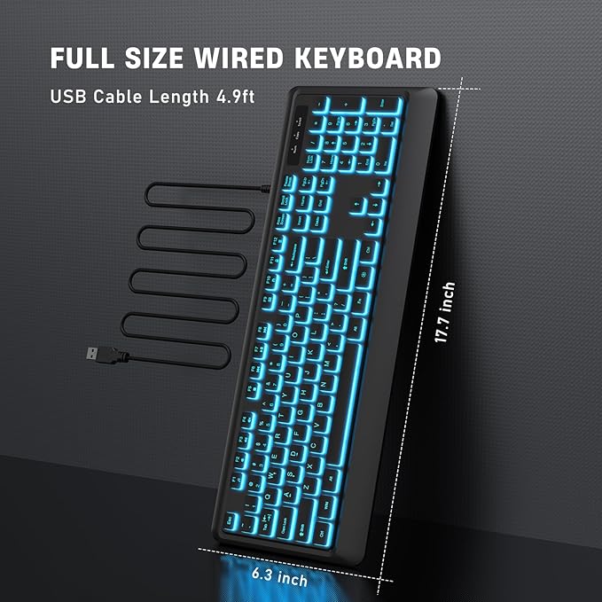 Backlit Computer Keyboards Wired USB LED Keyboard with 7 Colors Backlight Plug and Play Waterproof Full Size Quiet Computer Keyboard for Windows Desktop PC Laptop Gaming