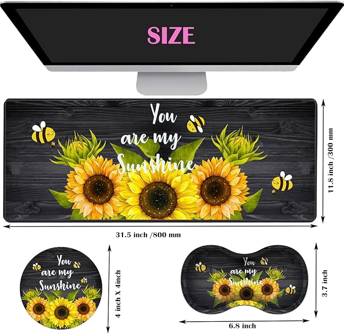 Large Gaming Mouse Pad 31.5x11.8 Inch Keyboard Pad + Ergonomic Wrist Rest Pad and Coaster with Non-Slip 3-Piece Desk Supplies Set Sunflower You are My Sunshine Design for Gamers/Office/Study