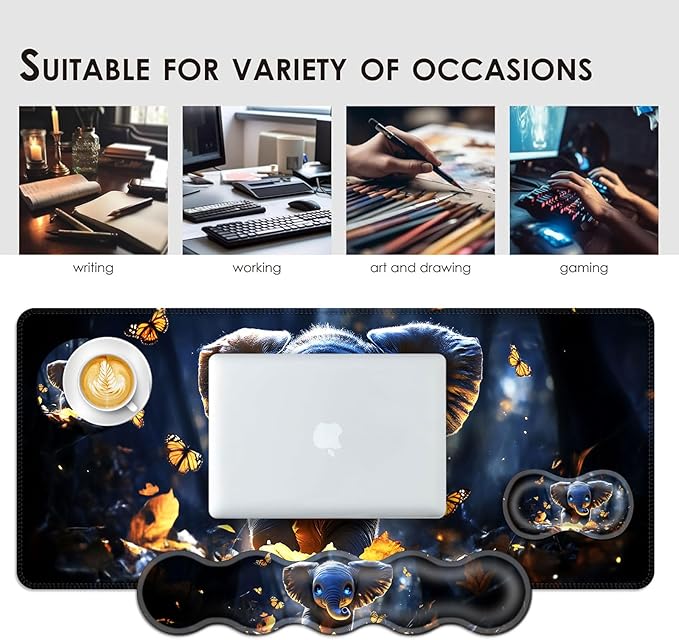 Large Keyboard Mouse Pad Set Extended Mouse Pad+Keyboard Wrist Rest Support Memory Foam Ergonomic Easy Typing 4Pcs (31.5×11.8 in) Desk Pad Set for Office HomeCute Elephant with Butterflies