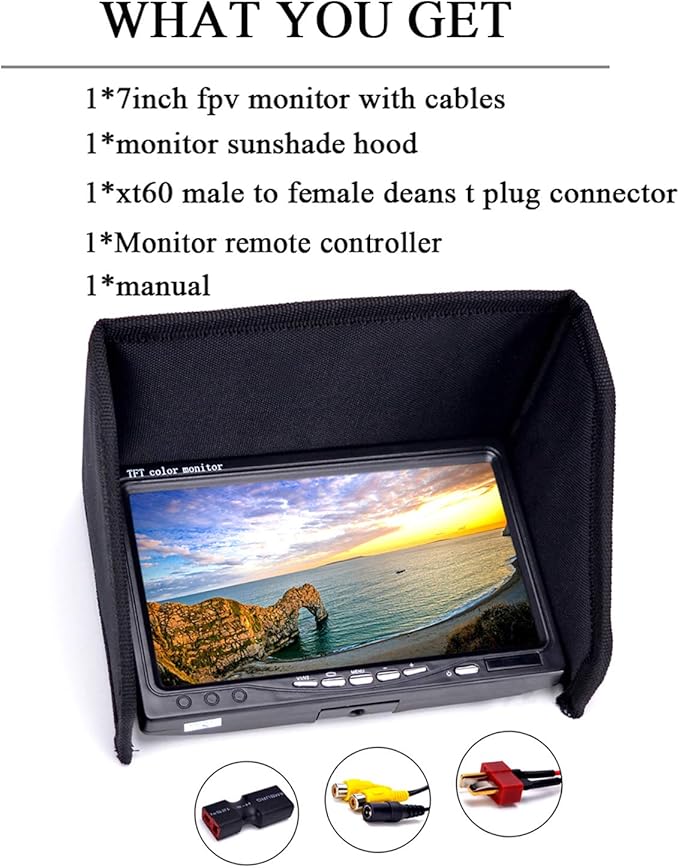 RC 7 Inch FPV Monitor 1024x600 IPS LCD Display Screen Monitor with Hood Sun Shield for RC FPV Drone Quadcopter