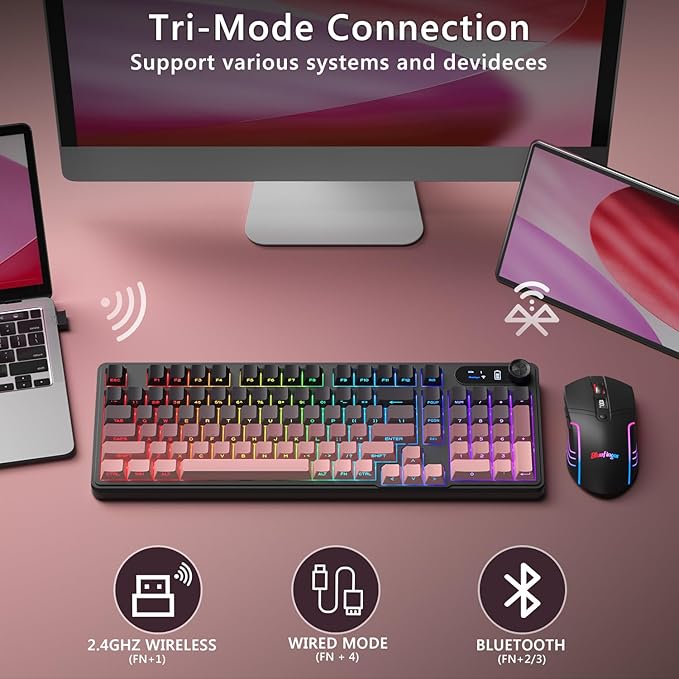 BlueFinger Wireless Gaming Keyboard and Mouse Combo RGB Backlit Tri-Mode Bluetooth/2.4G/USB-C Wired 98 Keys Quiet Keyboard with Number Pad Volume Knob &amp Screen 4800 DPI Mouse for PC/Mac/Lapto