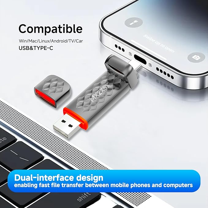 External SSD USB Flash Drive 256GB Up to 550MB/s External SSD Thumb Drive USB 3.2 + Type C for iPhone15/16/17 Android Phone PS4/PS5/MacBook/iPad/SmartTV Zinc Alloy Body