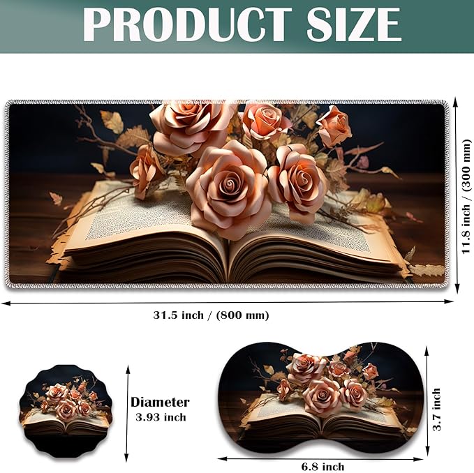 Large Game Mouse Pad + Wrist Support Pad + Coffee Coaster Desk Pad with Sewn Edges Anti-Slip Set pad Suitable for Office Work and Home - Flower Book