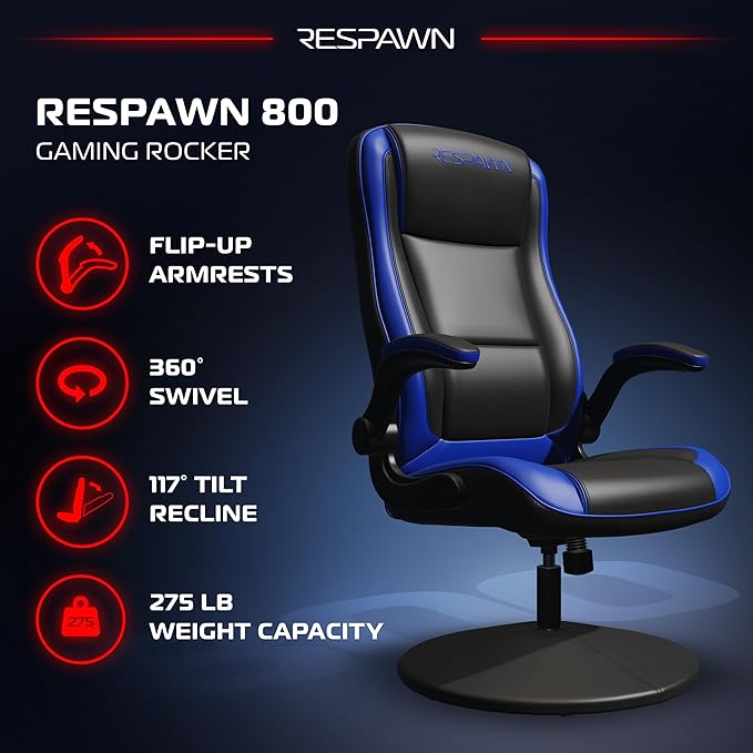 RESPAWN 800 Swivel Rocker Gaming Chair - Ergonomic Floor Gaming Seat with Lumbar Support Flip Up Armrest High Back Pedestal Base Comfortable No Wheels Console Video Game Rocker Chair - Blue