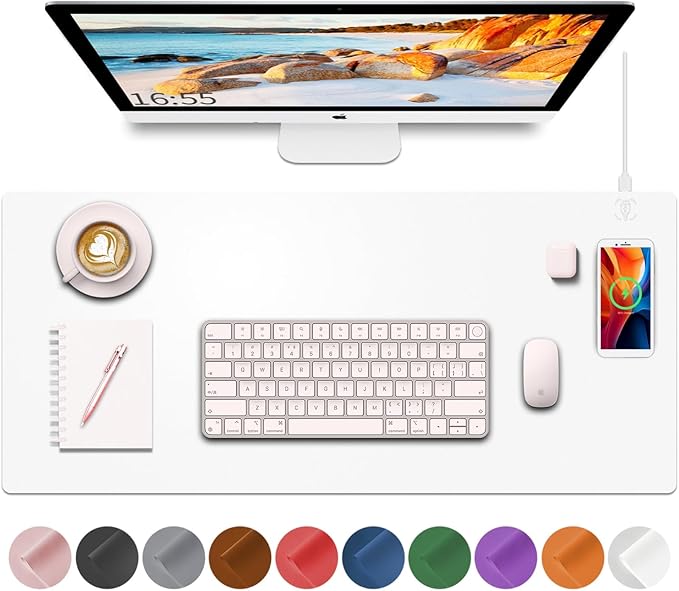 Desk Mat with Wireless Charging White Mouse Pad with Wireless Charger Desk Pad Matt for Desktop Mousepad Gaming Large Mouse Pad Leather Compute for Keyboard and Mouse 32 x 16
