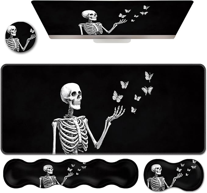Ergonomic Keyboard Wrist Rest &amp Mouse Pad Wrist Rest SetXL Gaming Desk Mat 31.5x 11.8Non-Slip BaseMemory FoamEasy Typing Pain Relief for Office &amp HomeSkeleton Butterflies