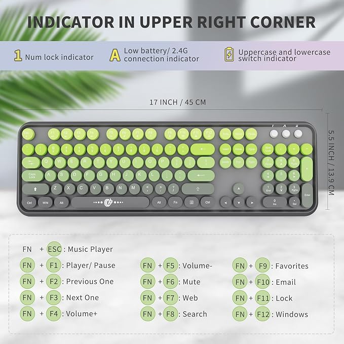 FOPETT Wireless Keyboard and Mouse Combo 104 Keys Full-Sized 2.4 GHz Round Keycap Colorful Keyboards USB Receiver Plug and Play for Windows Mac PC Laptop Desktop (GradientMatchaGreen)