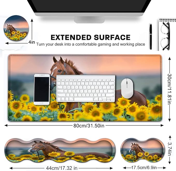 Extended Gaming Mouse Pad 31.5x11.8 Big Desk Mat Ergonomic Memory Foam Keyboard Wrist Rest Support for Home Laptop Office Desk Pad with Non-Slip BaseSunflower &amp Horse Pattern Large Mouse Pad