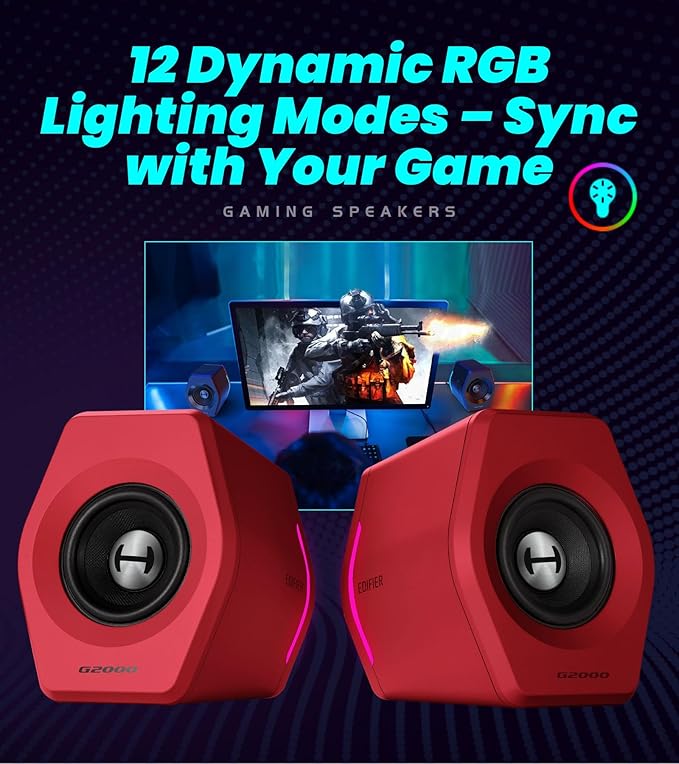 Edifier G2000 RGB Gaming Speakers 32W Peak Power Compact Design for PC/PS4/Desktop Bluetooth 5.1 3.5mm AUX Game/Movie/Music Modes 12 RGB Lighting Effects - Red
