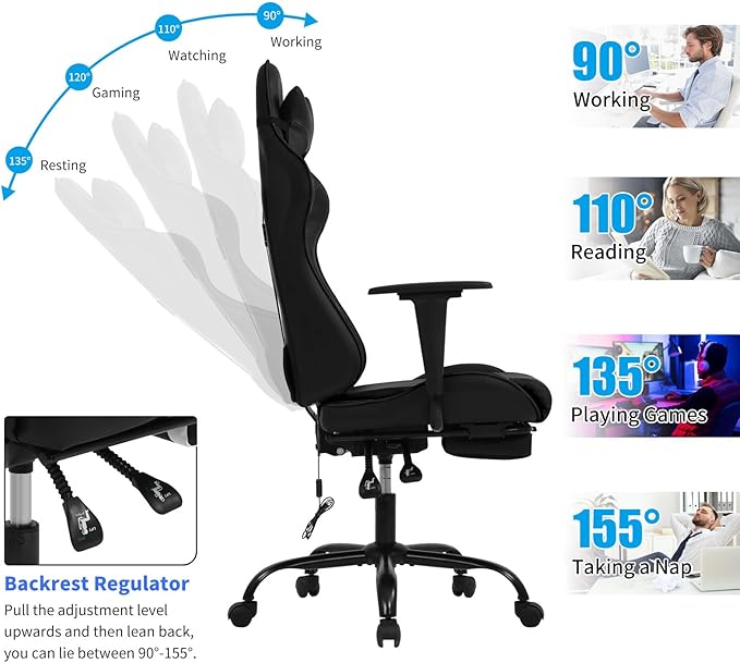 BLKMTY Massage Gaming Chair with Footrest Ergonomic Office Chair Racing Computer Chairs PU Leather with High Back Lumbar Support Headrest Reclining Chairs Black